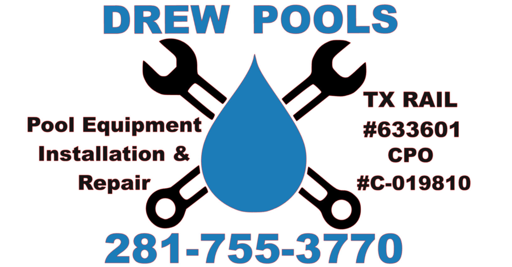 Drew Pools — Pool Equipment Installation & Repair in Houston, TX Business flag showing Drew Pools’ Pool Equipment Installation & Repair logo, phone number, and Texas license numbers.