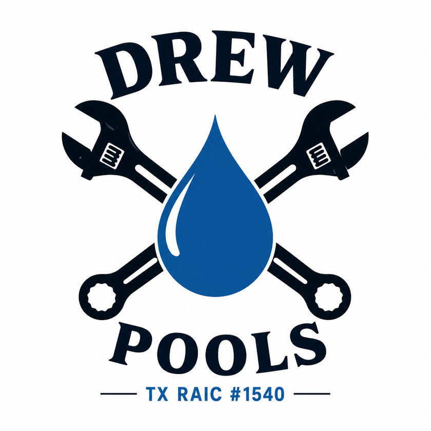 Drew Pools logo for a pool equipment installation and repair company serving Katy and the Houston area.