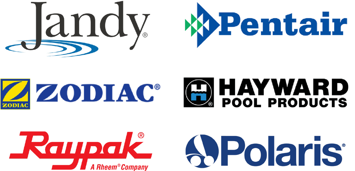 Residential pool equipment system featuring multiple major pool equipment brands serviced by Drew Pools in Katy, Texas.