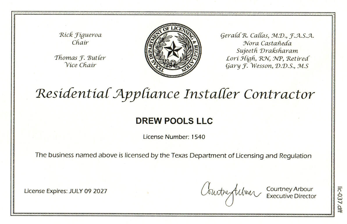 Professional license for Drew Pools, Residential Appliance Installers Contractor License, in Katy, TX.