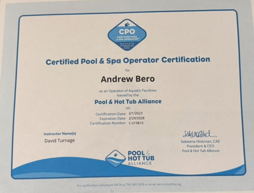 Commercial Pool Operators License for Drew Pools in Katy, TX.